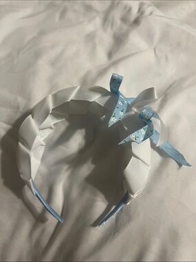 Handmade White Braided Kids Headband with Light Blue Floral Ribbon Bow